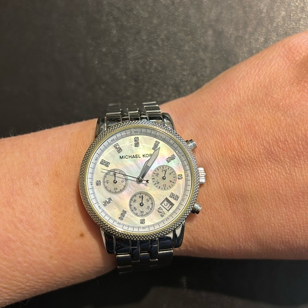 Michael Kors stainless steel watch with mother of pearl